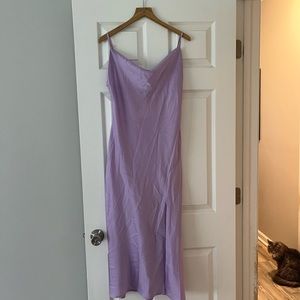 Lavender satin dress with slit